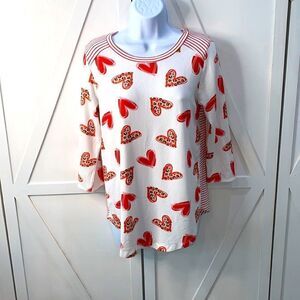7th Ray 3/4 Sleeve Red & White Stripe Heart Print Shirt Size Small